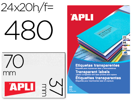 CJ20 hojas A4 480 etiquetas adhesivas Apli 01224 transparentes 70x37mm. láser